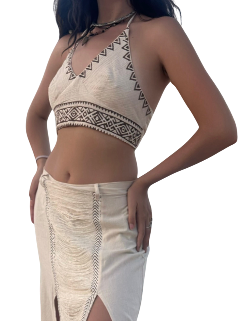 Top regolabile bianco in cotone con fantasia tribale