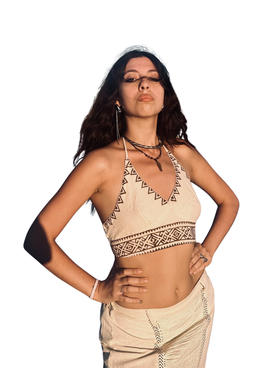 Top regolabile bianco in cotone con fantasia tribale