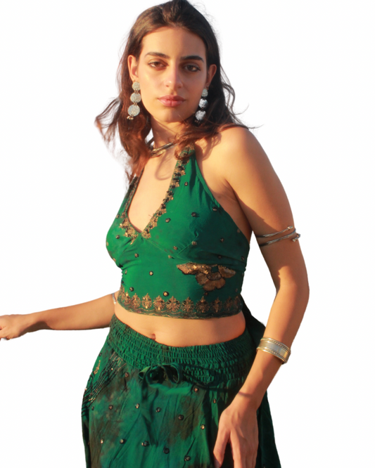 Set coordinato top e gonna in misto seta con rimani a mano