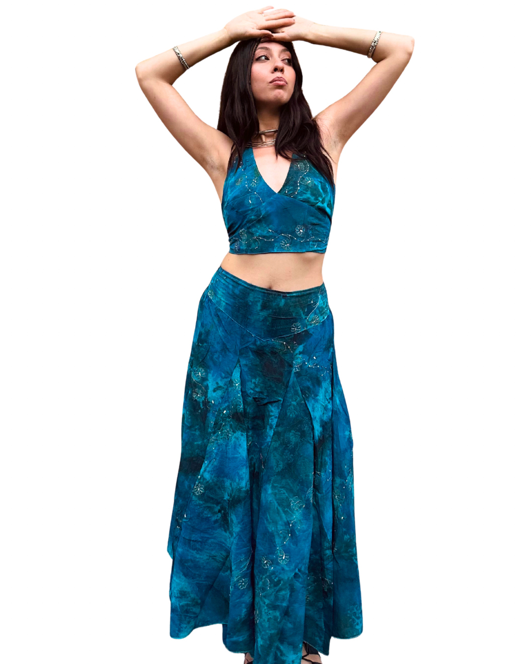 Coordinato top e gonna in misto seta tie-dye