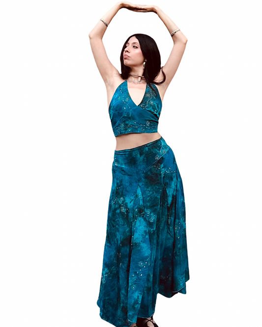 Coordinato top e gonna in misto seta tie-dye