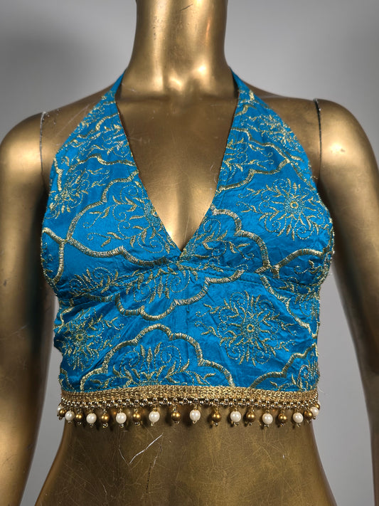 Top azzurro Anjuna- ricamo dorato