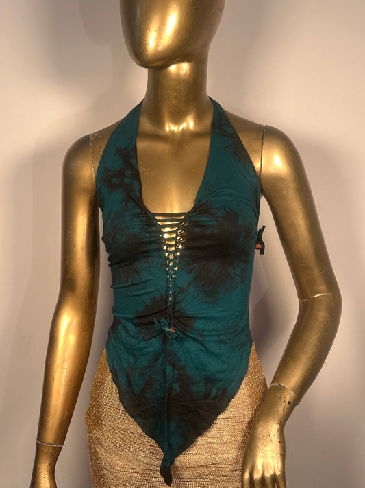 Top V-hem tie-dye dark petrol